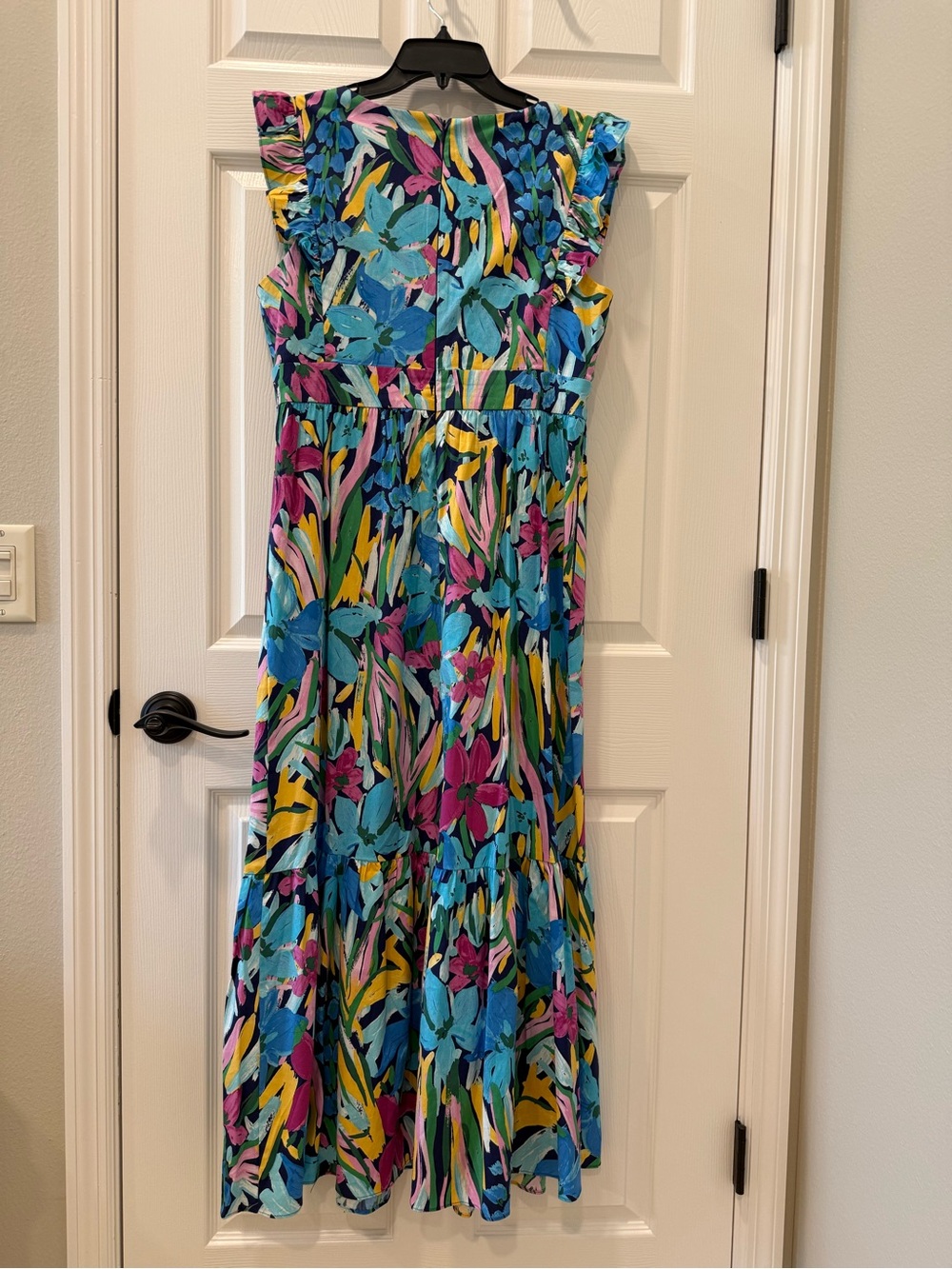 Floral Ruffle V-Neck Maxi Dress Size M Navy/Aqua - Picture 8 of 14